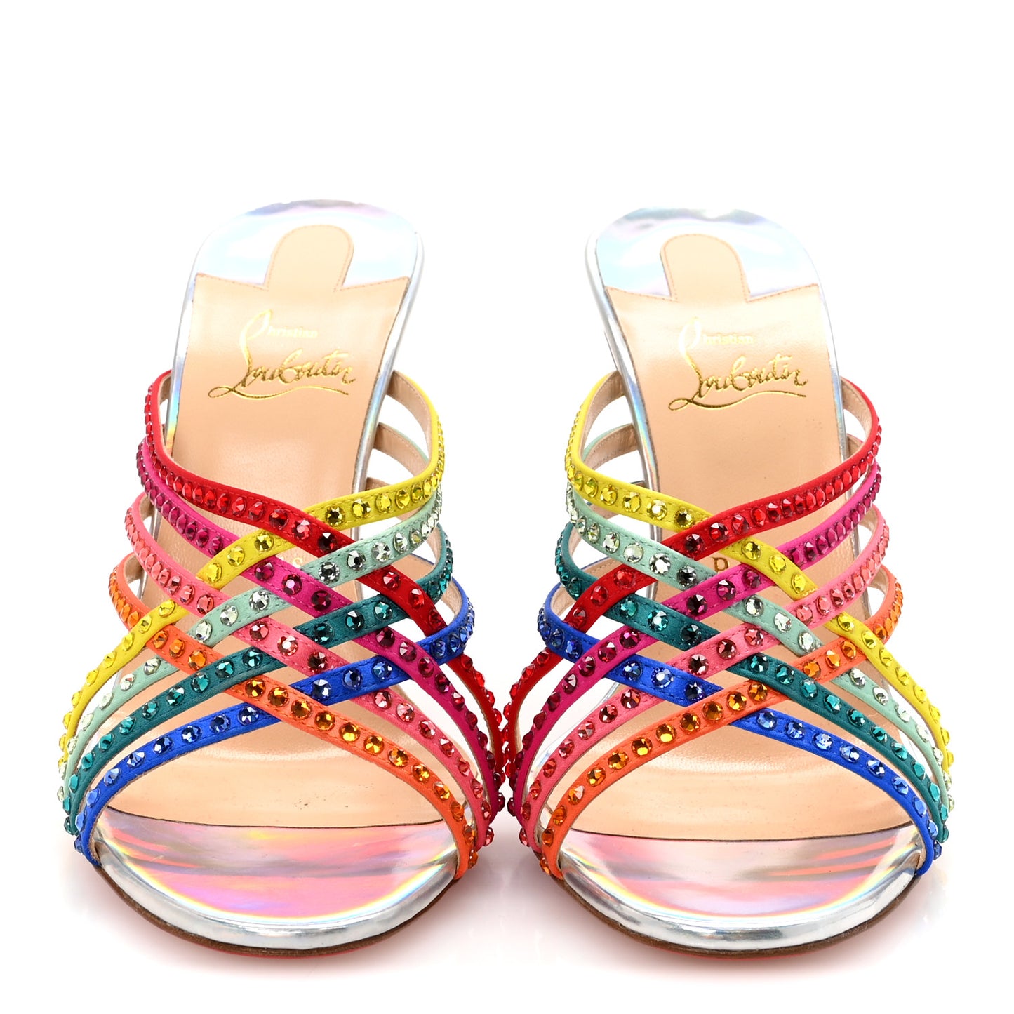 Specchio Calfskin Crystal Marthastrass 100 Slide Sandals 39 Silver Multicolor