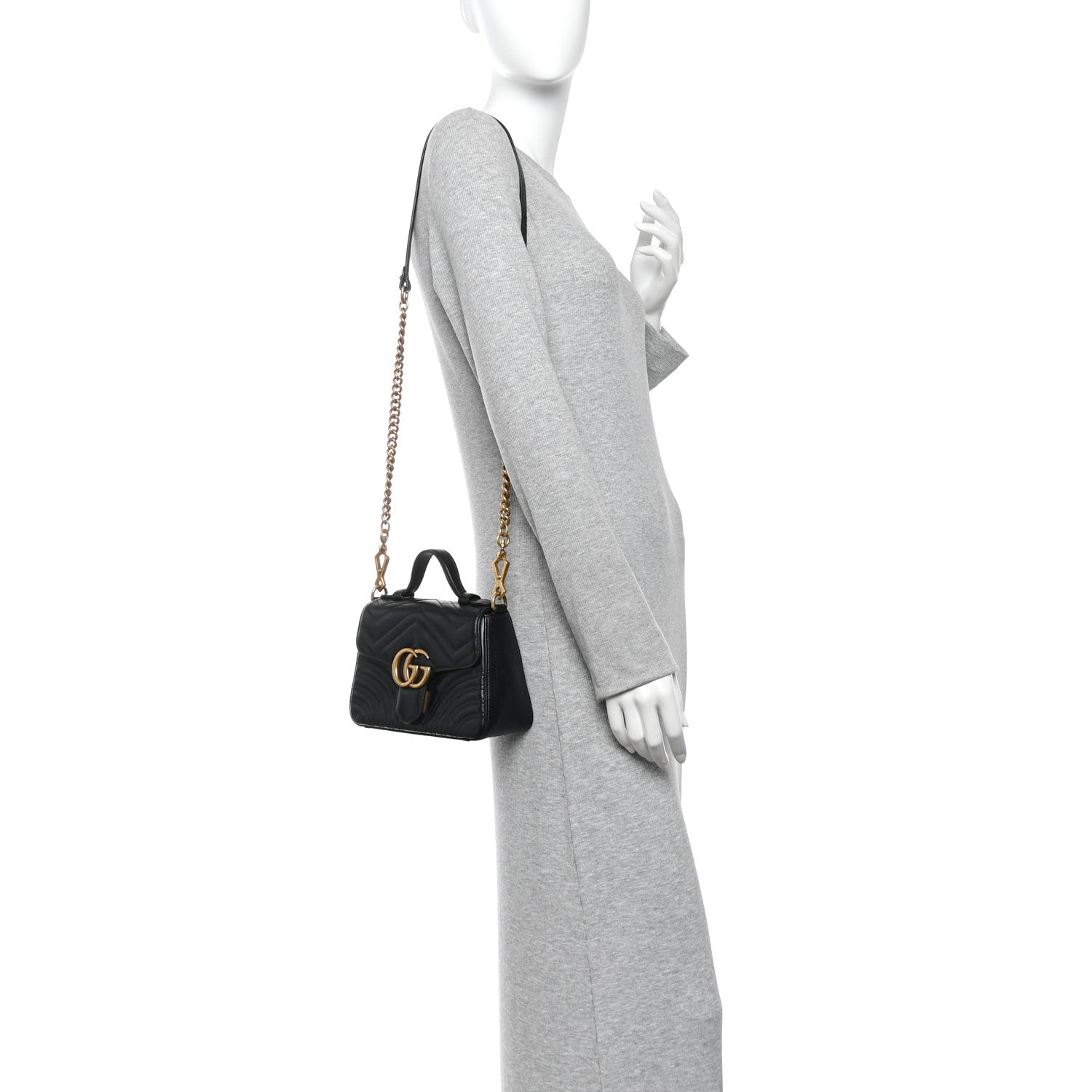 Gucci Calfskin Matelasse Mini GG Marmont Top Handle Shoulder Bag Black 2 of 10