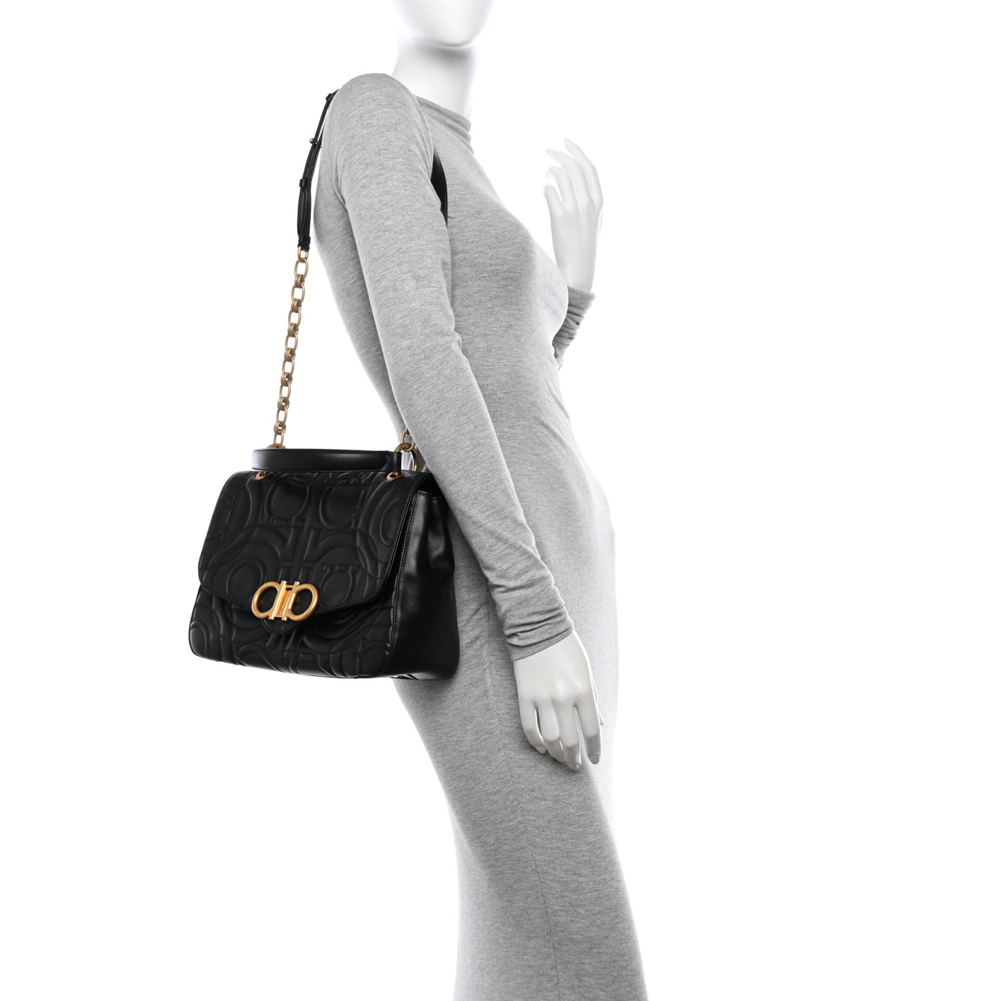 Calfskin Quilted Gancini Top Handle Flap Bag Black