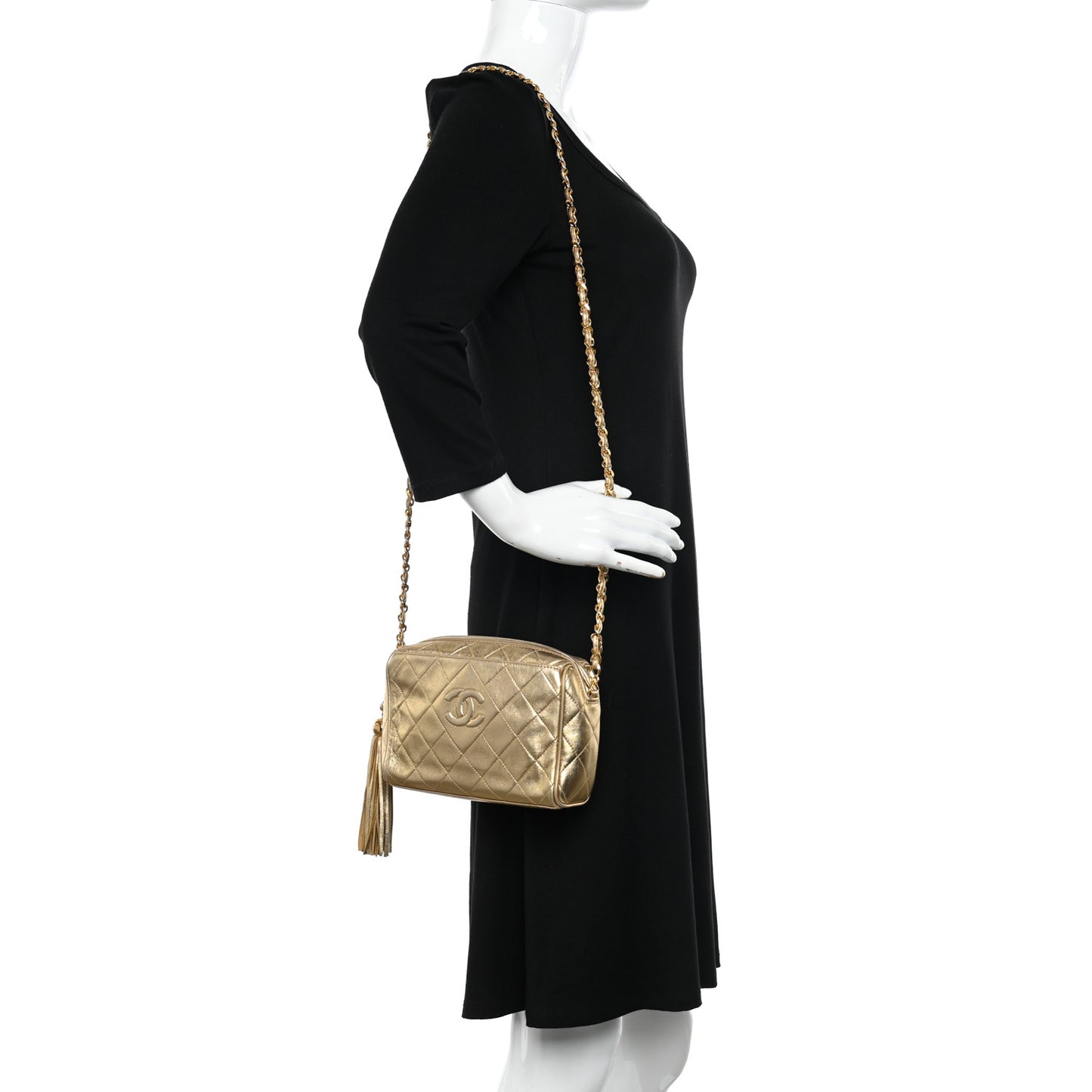 Metallic Lambskin Quilted Tassel Camera Case Gold
