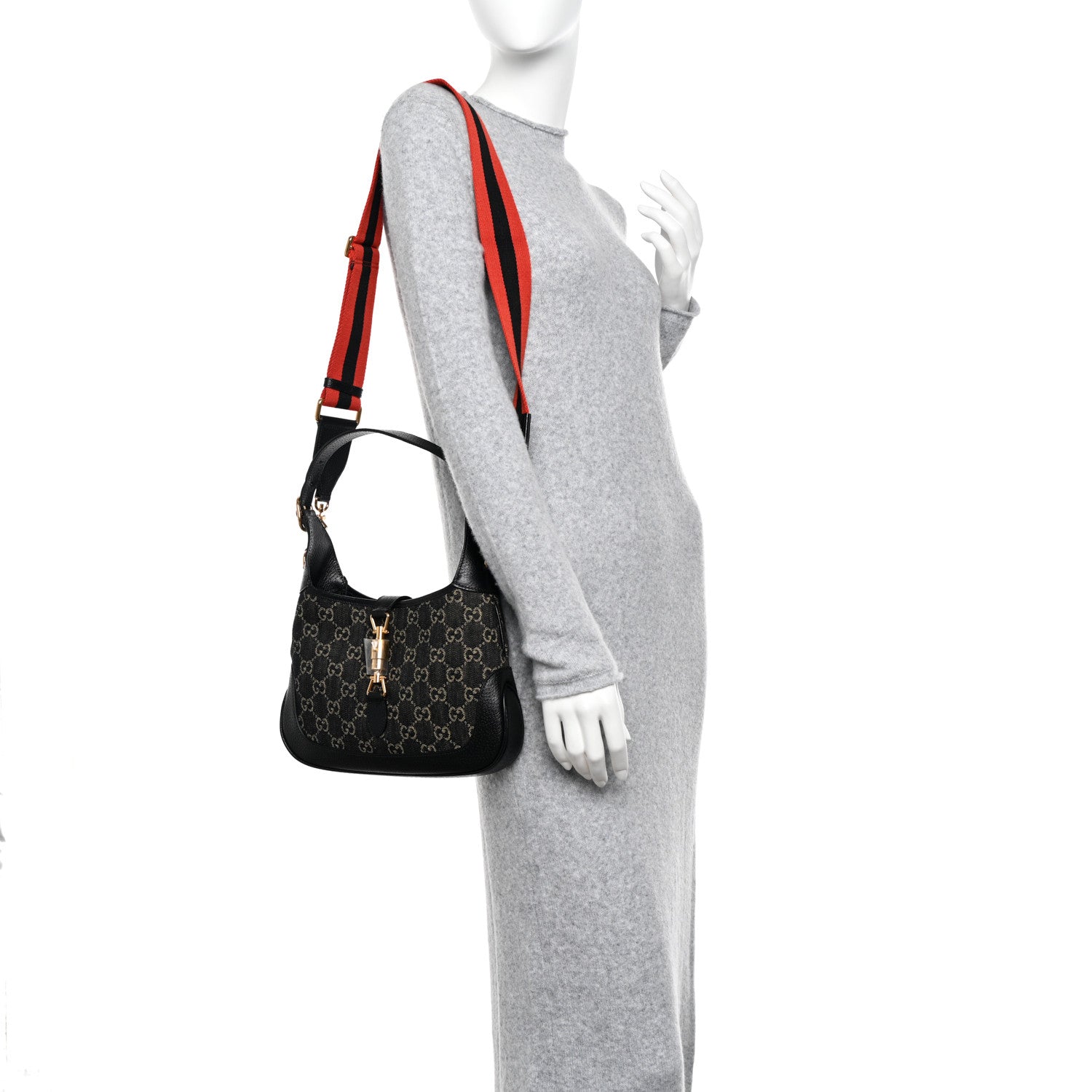 Gucci Jacquard Denim GG Monogram Small Jackie 1961 Hobo Black Ivory 3 of 11