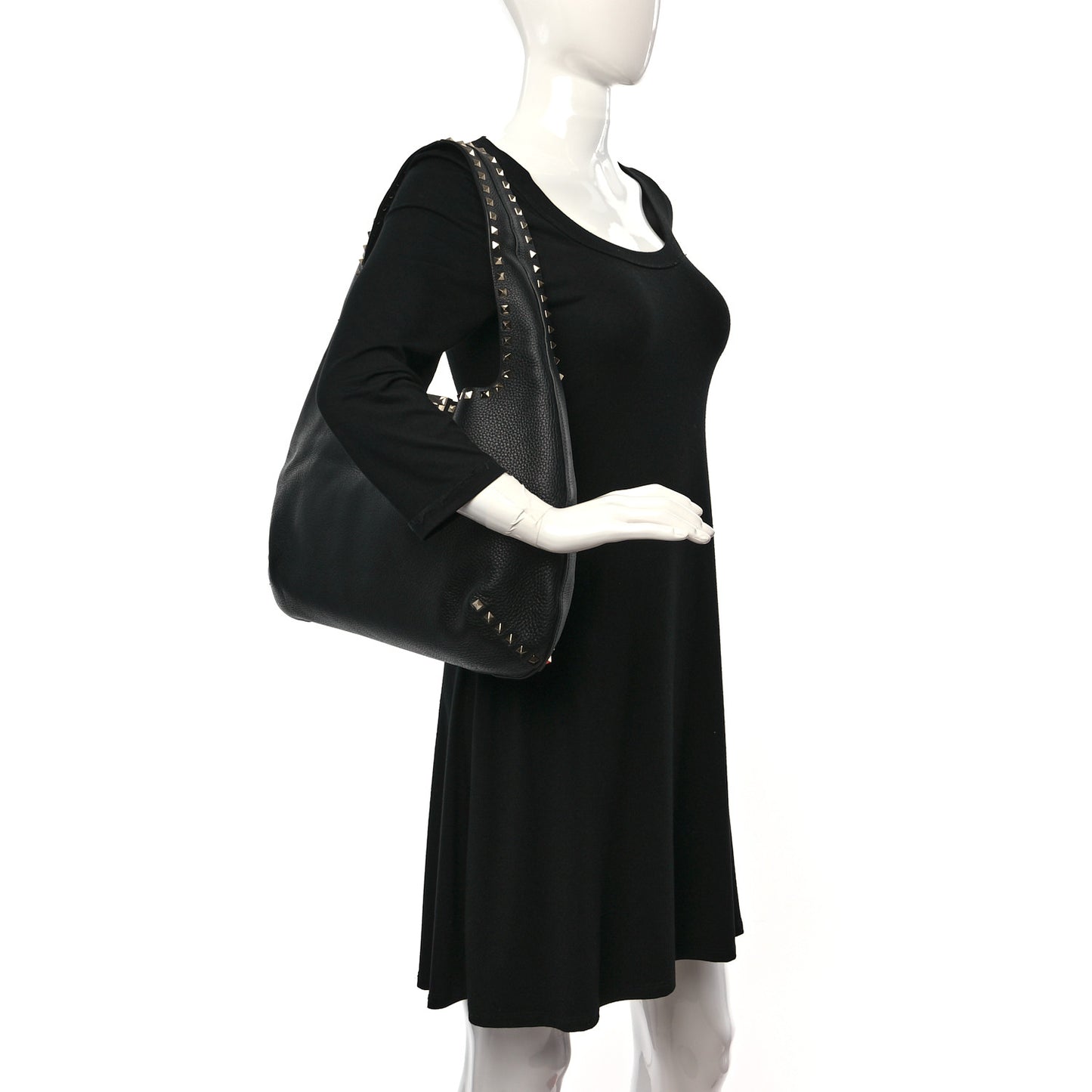 Grained Calfskin Large Rockstud Hobo Black
