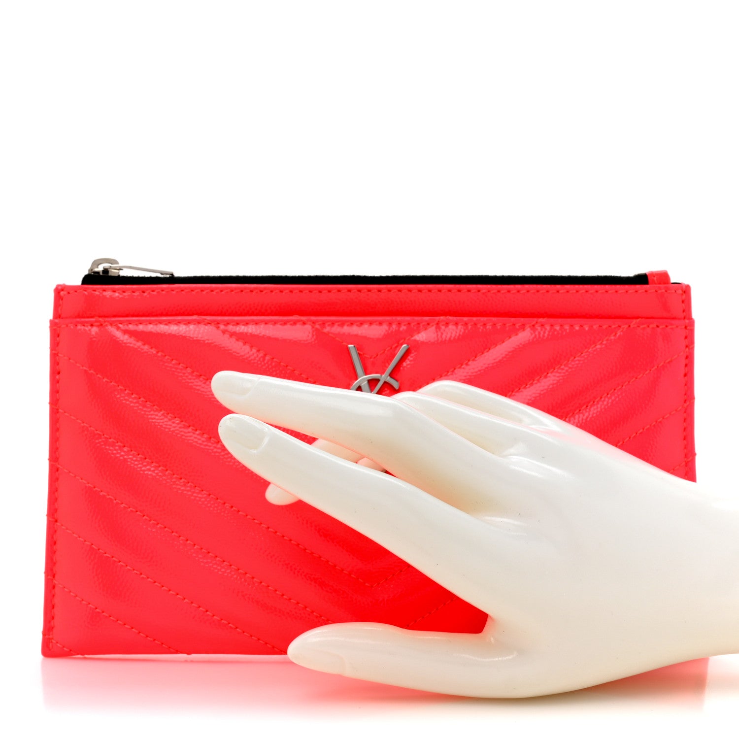 Saint Laurent Patent Grain De Poudre Matelasse Chevron Monogram Bill Pouch Neon Pink 2 of 10