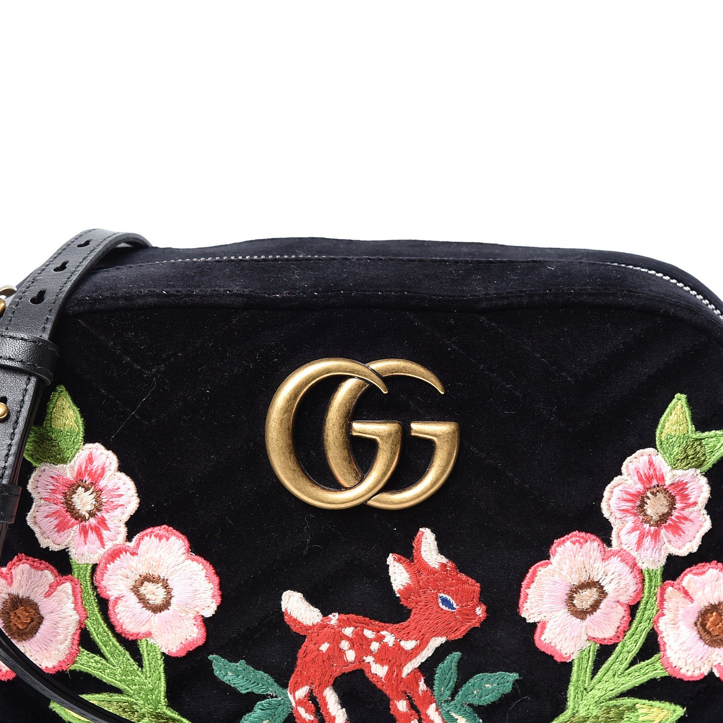 Velvet Matelasse Deer Embroidered Small GG Marmont Chain Shoulder Bag Black