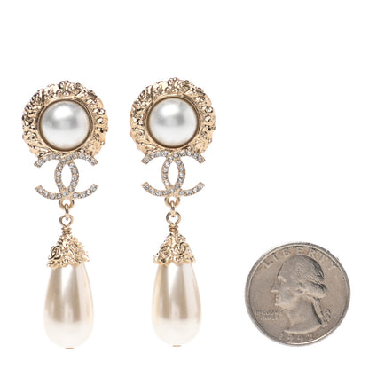 Chanel Metal Pearl Crystal Textured Teardrop CC Drop Earrings Gold 2 of 4