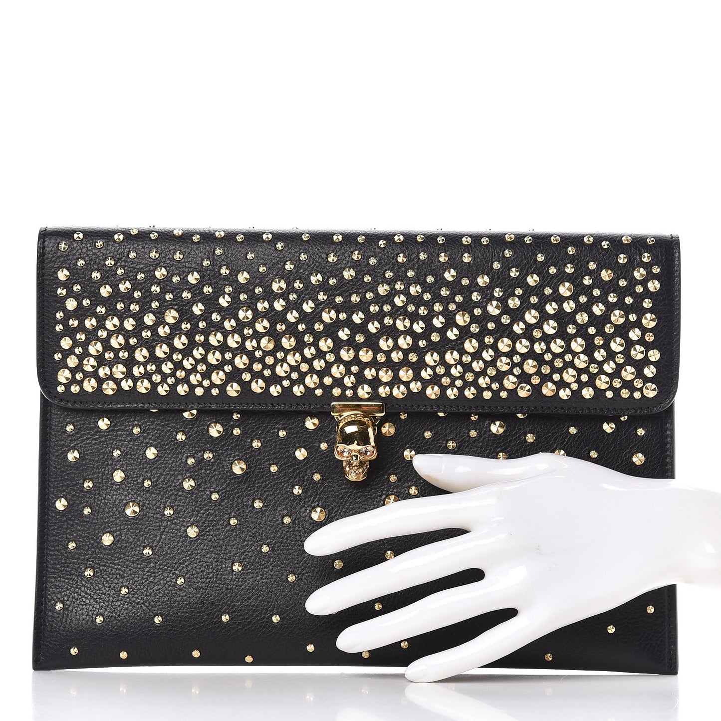 Calfskin Studded Skull Envelope Clutch Black