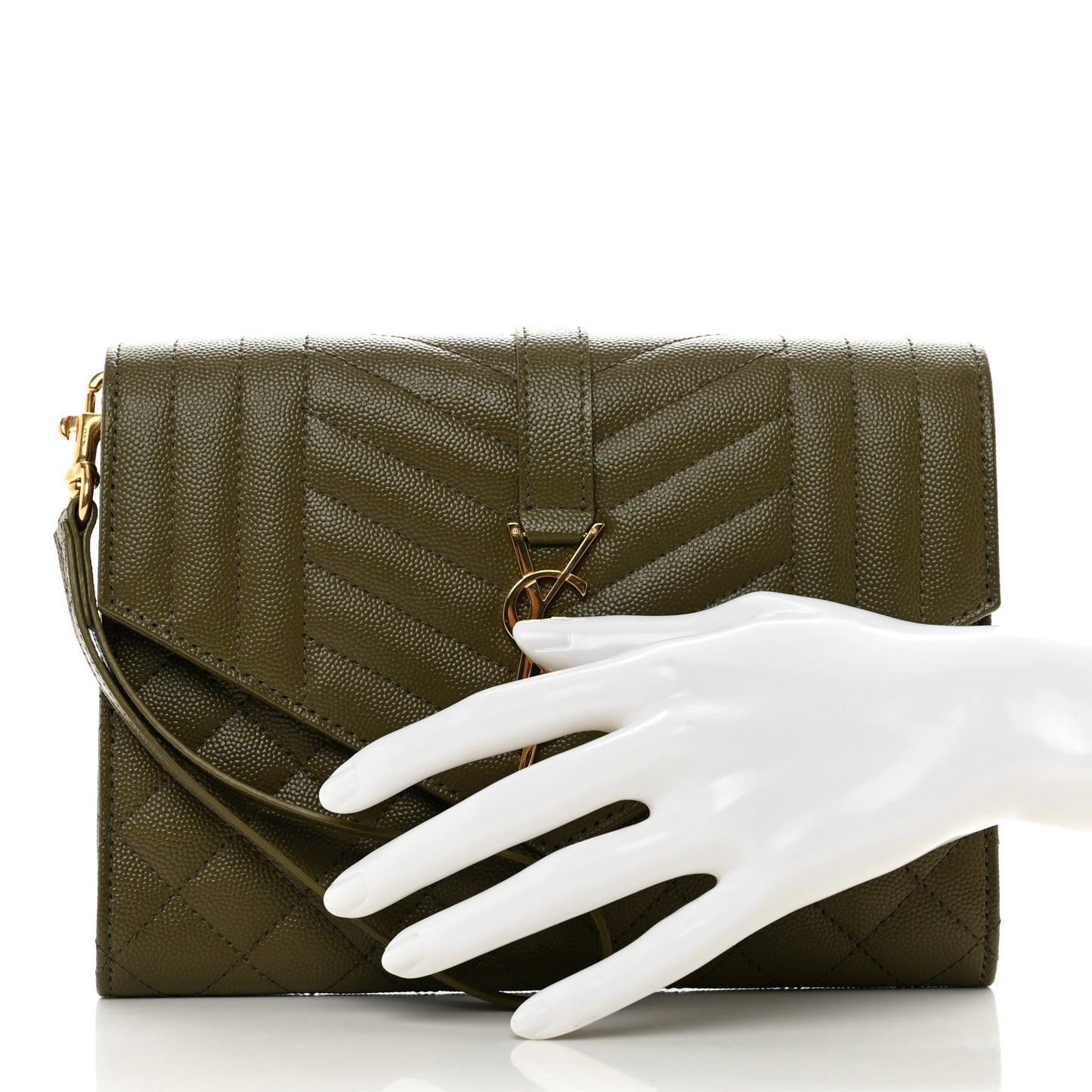 Grain De Poudre Textured Mixed Matelasse Triquilt Monogram Clutch Vert Kaki