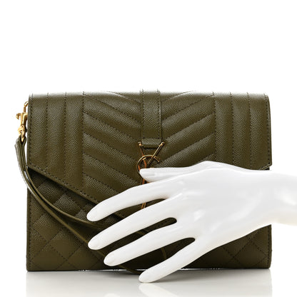 Saint Laurent Grain De Poudre Textured Mixed Matelasse Triquilt Monogram Clutch Vert Kaki 2 of 8