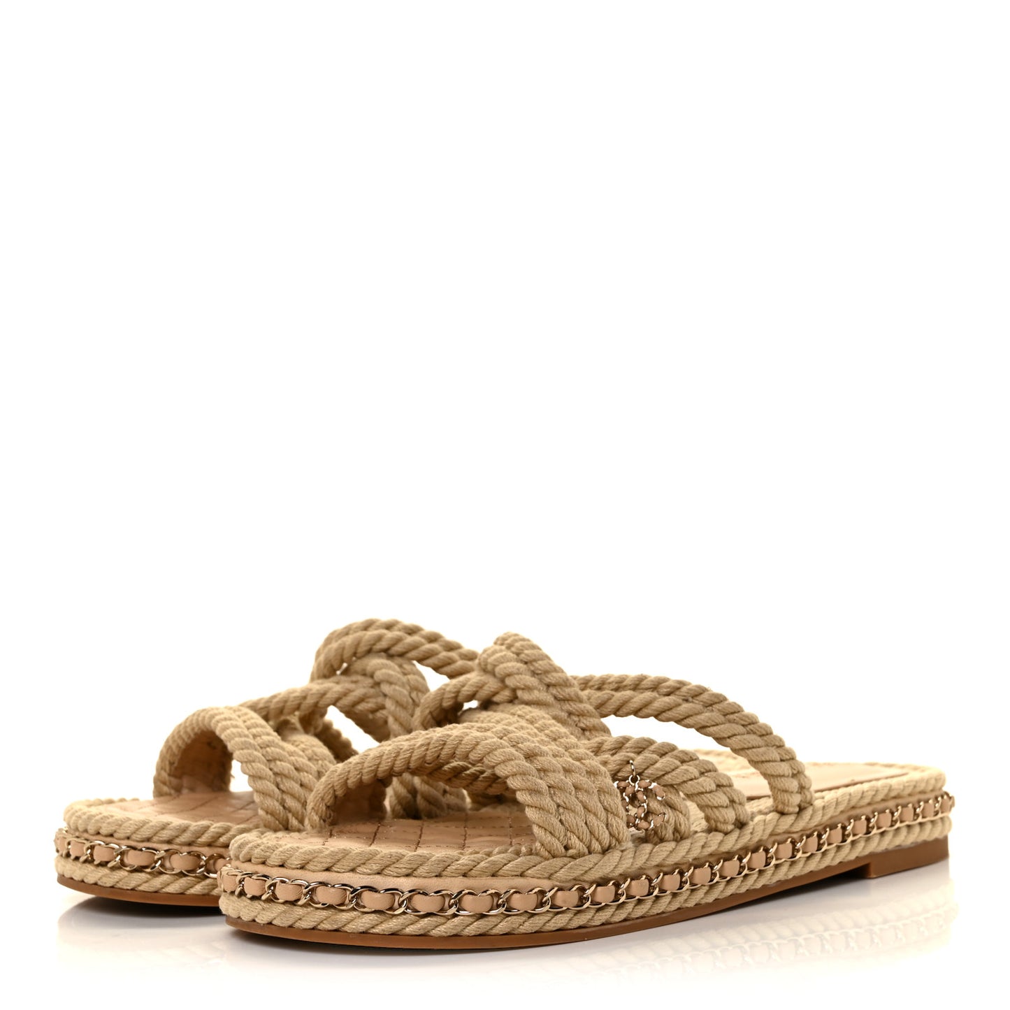 Cord Lambskin Chain Slide Sandals 39 Beige