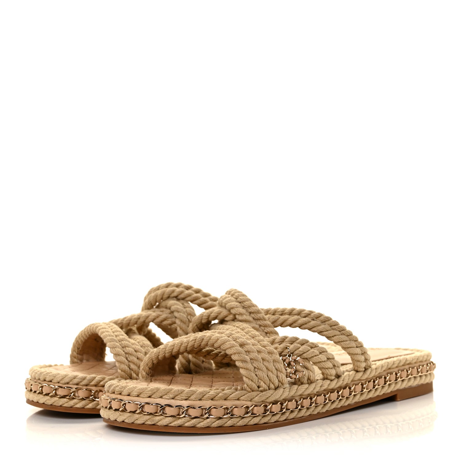 Chanel Cord Lambskin Chain Slide Sandals 39 Beige 3 of 8