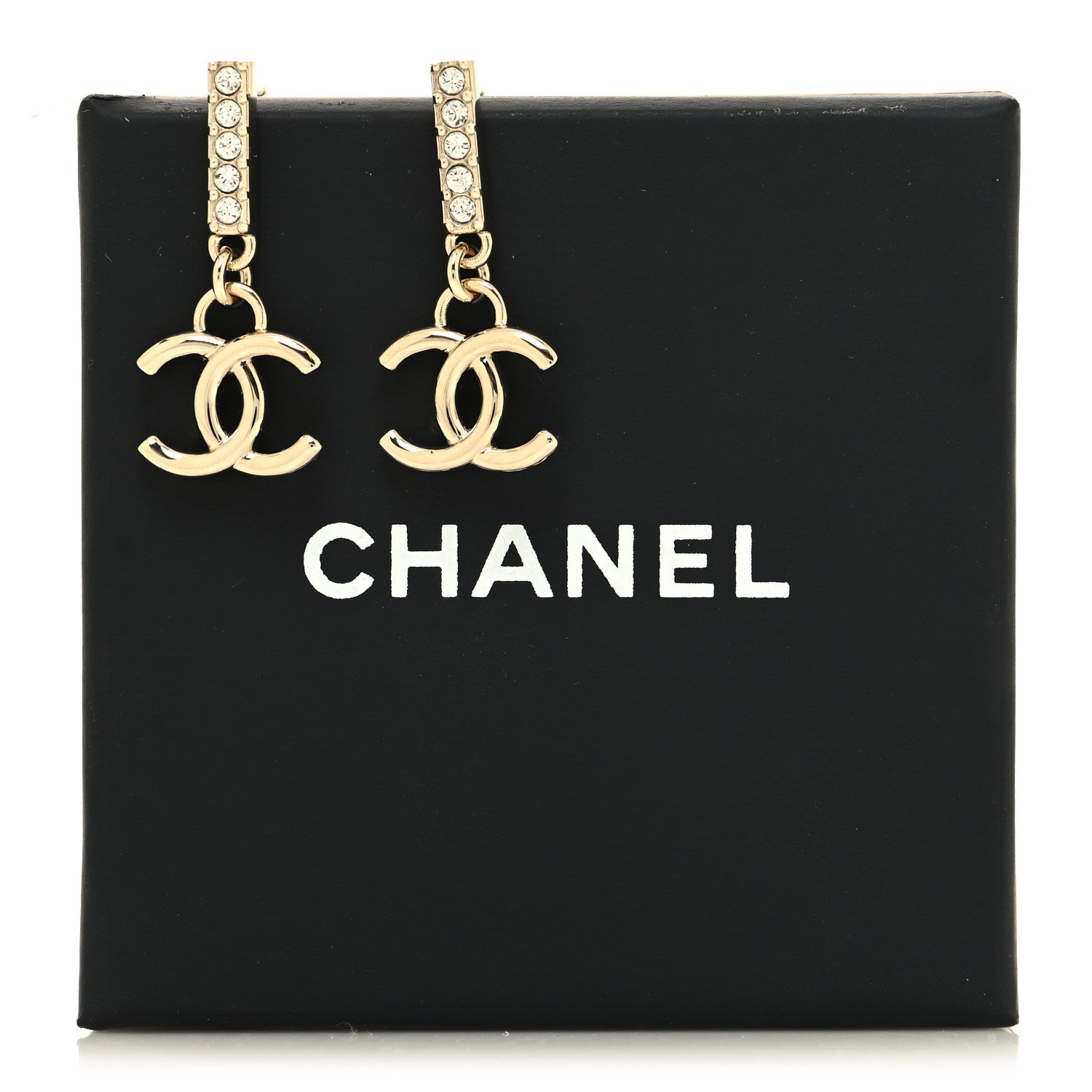 Chanel Metal Crystal Studded CC Drop Earrings Gold 5 of 5