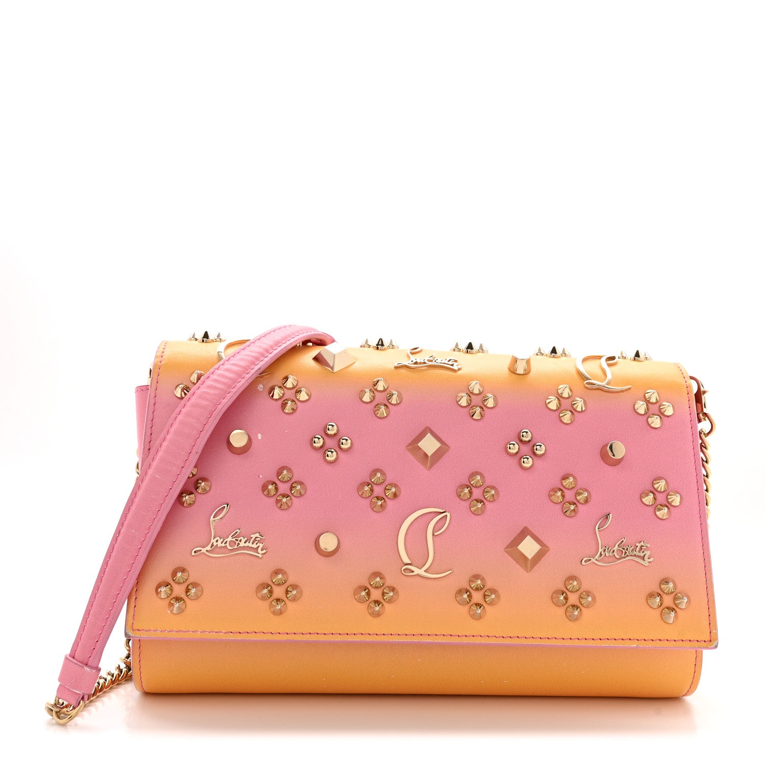 Christian Louboutin Calfskin Spikes Loubinthesky Paloma Wallet On Chain Degraftersun Gold 1 of 16