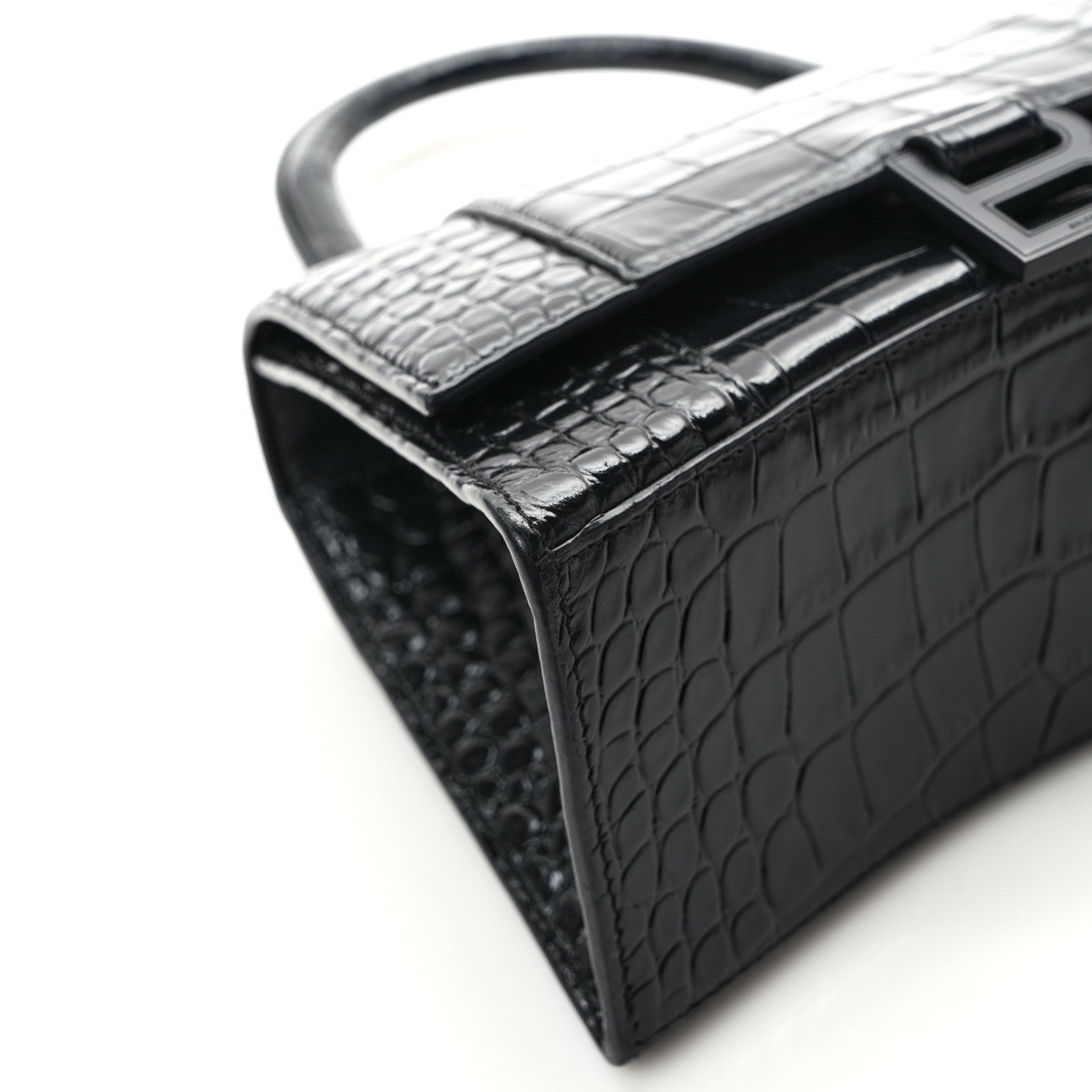 Balenciaga Shiny Calfskin Monochrome Crocodile Embossed Small Hourglass Top Handle Bag Black 10 of 14