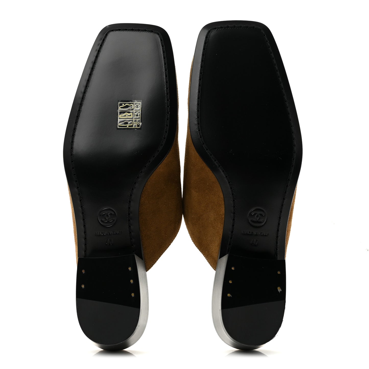 Suede Calfskin CC Turn Lock Mules 40 Dark Beige
