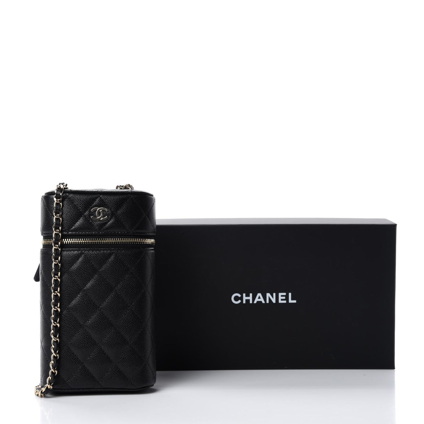 Caviar Quilted Phone Holder With Chain Black