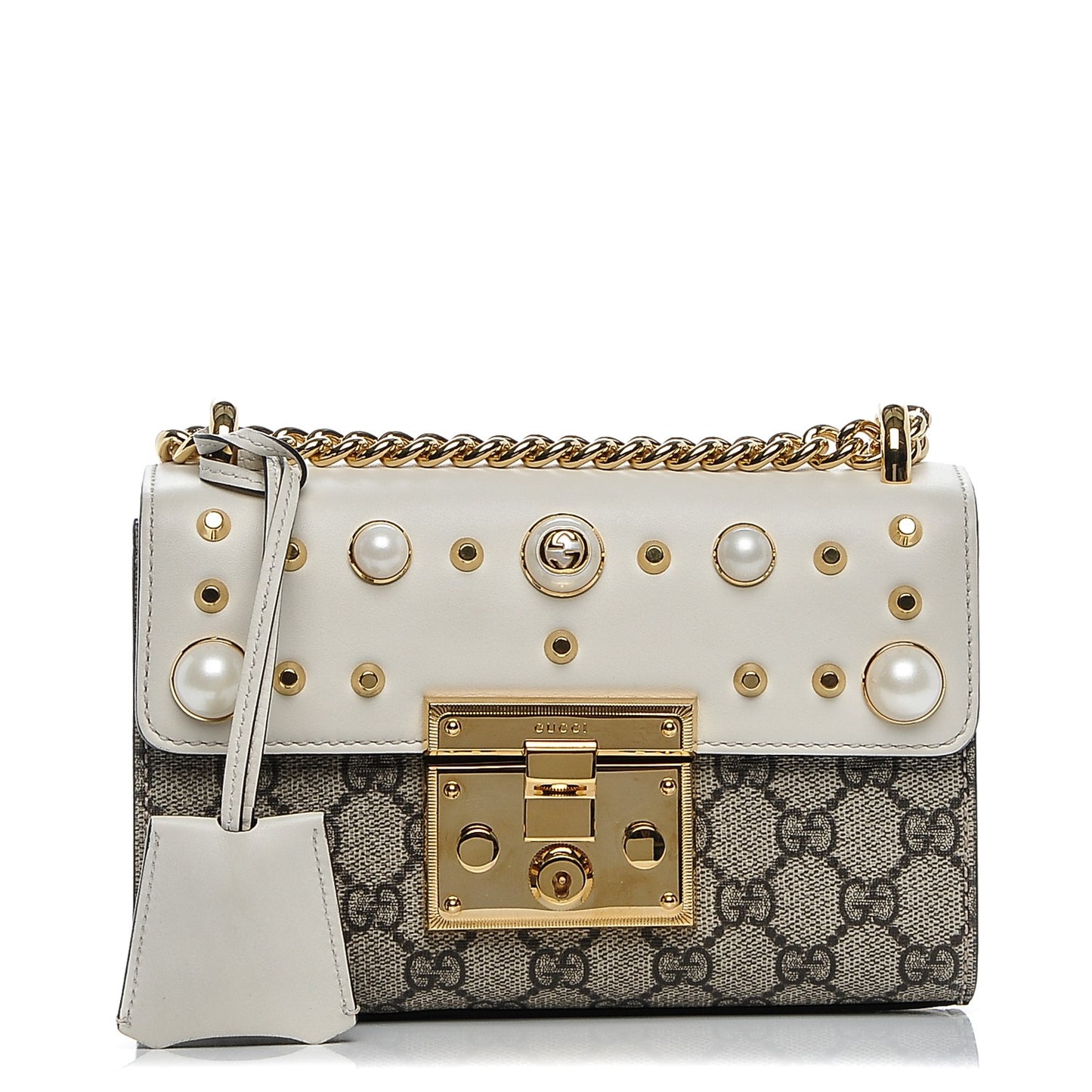 GG Supreme Monogram Studded Small Padlock Shoulder Bag White