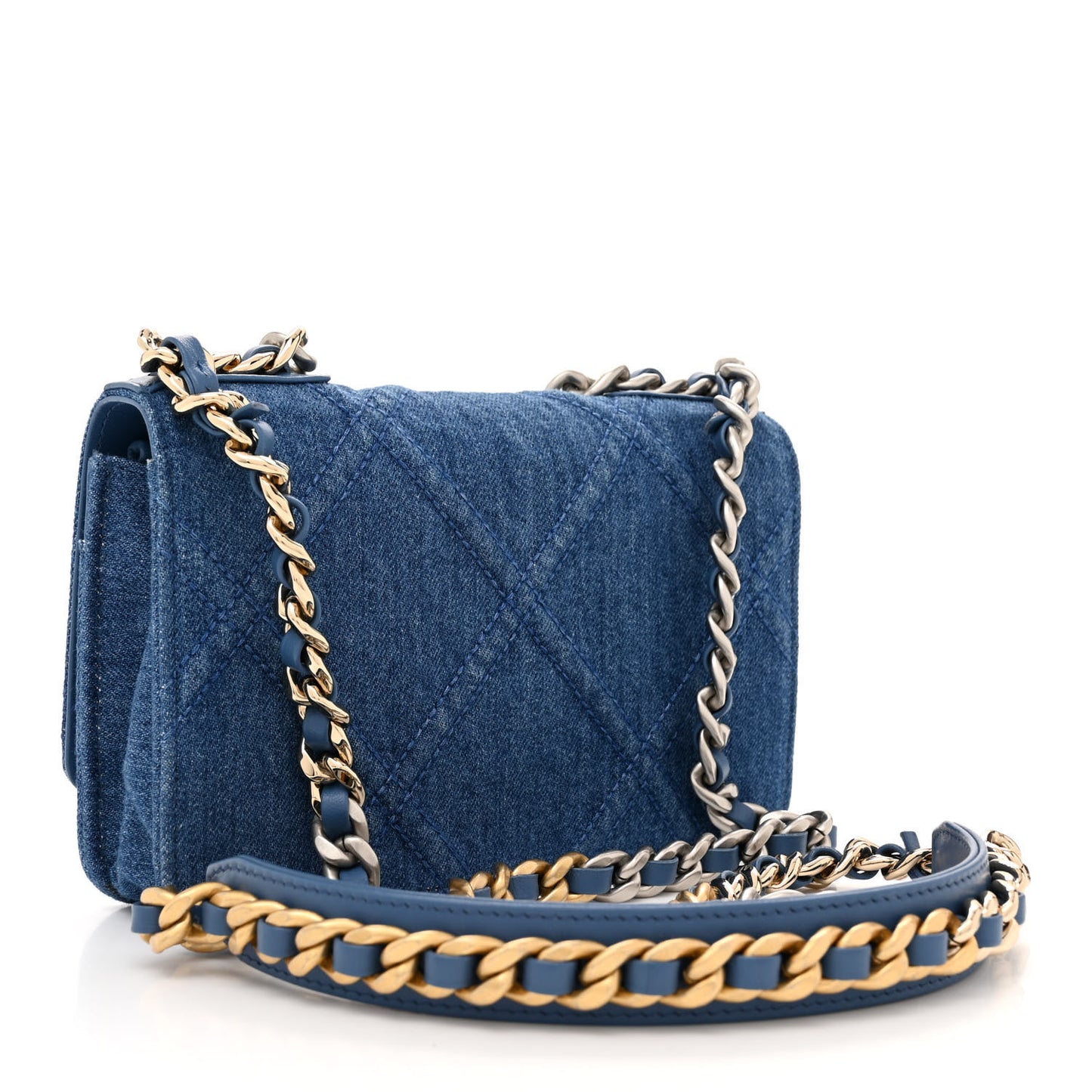 Denim Quilted Chanel 19 Wallet On Chain WOC Blue
