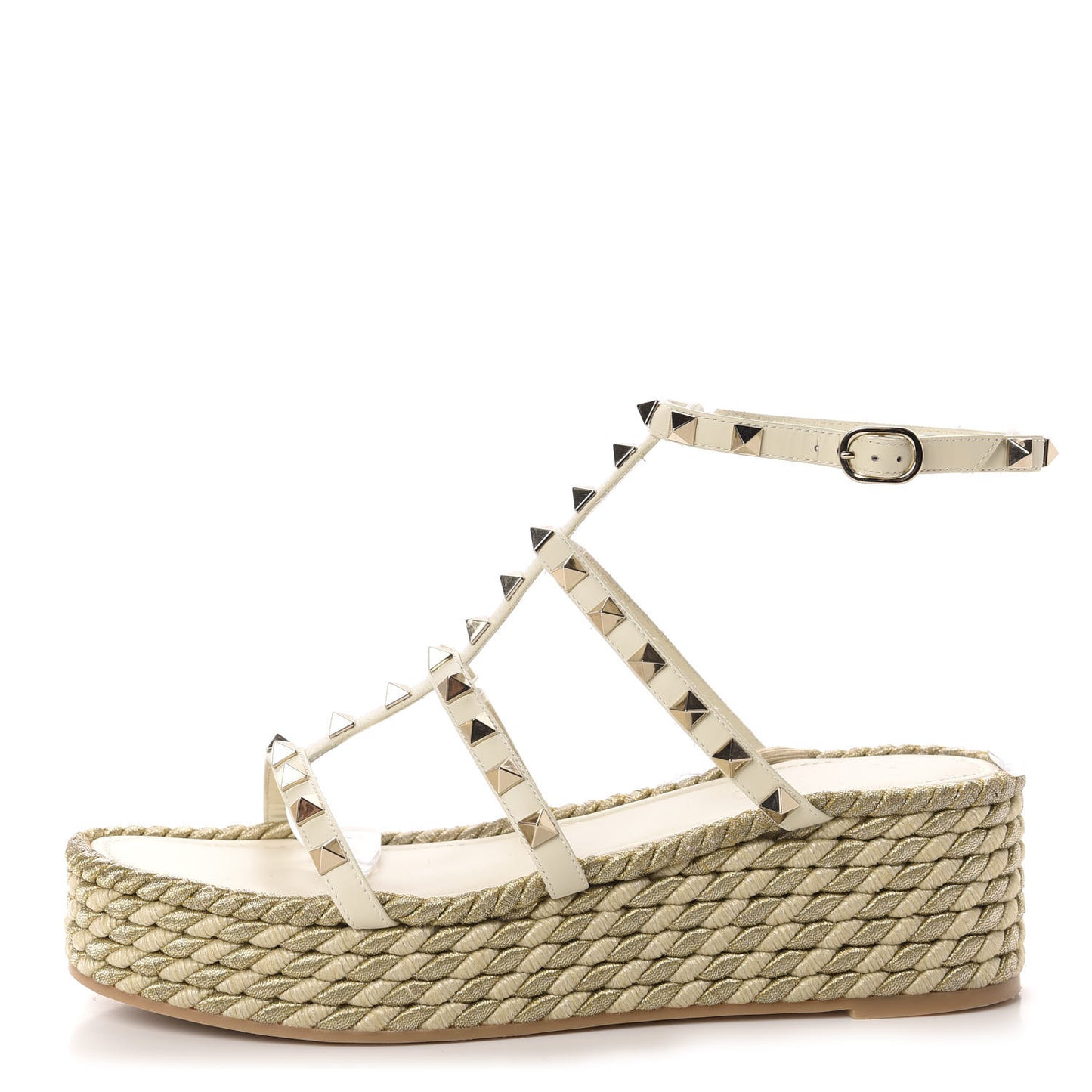 Calfskin Rockstud Ankle Strap Torchon Espadrille Caged 30/55mm Sandals 39 Light Ivory