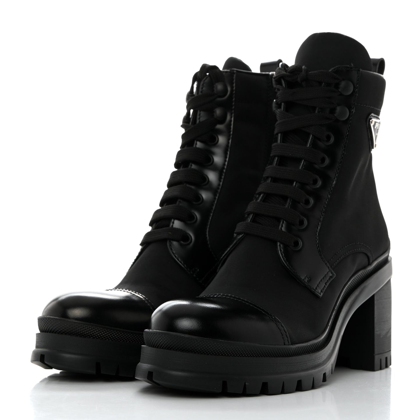 Spazzolato Re-Nylon Metal Triangle Logo Lace Up 55mm Ankle Boots 38 Black