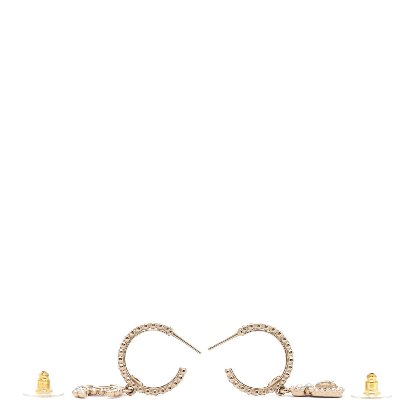 Crystal Pearl CC Perfume Bottle Drop Hoop Earrings Gold