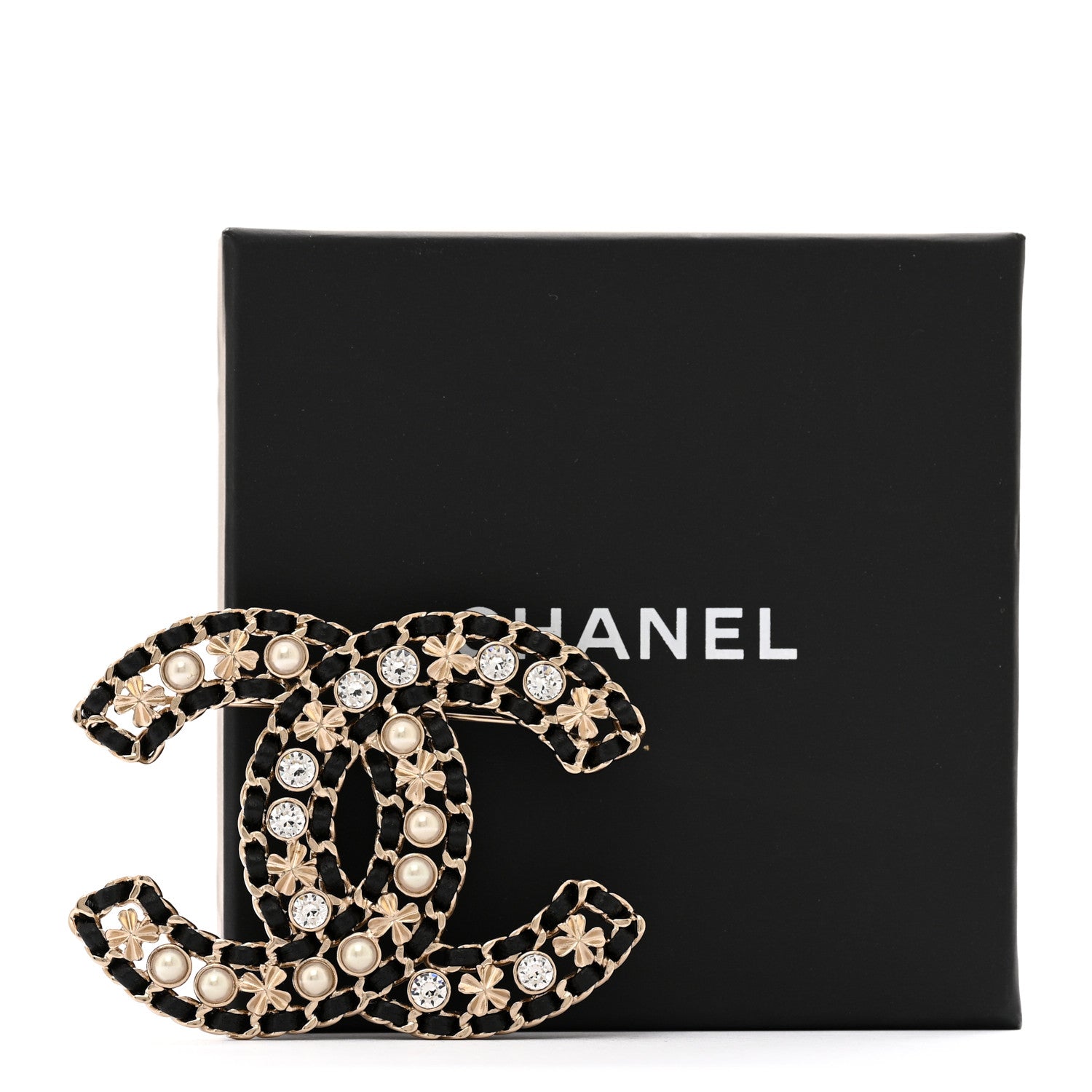 Chanel Lambskin Pearl Crystal CC Brooch Gold Black 4 of 4
