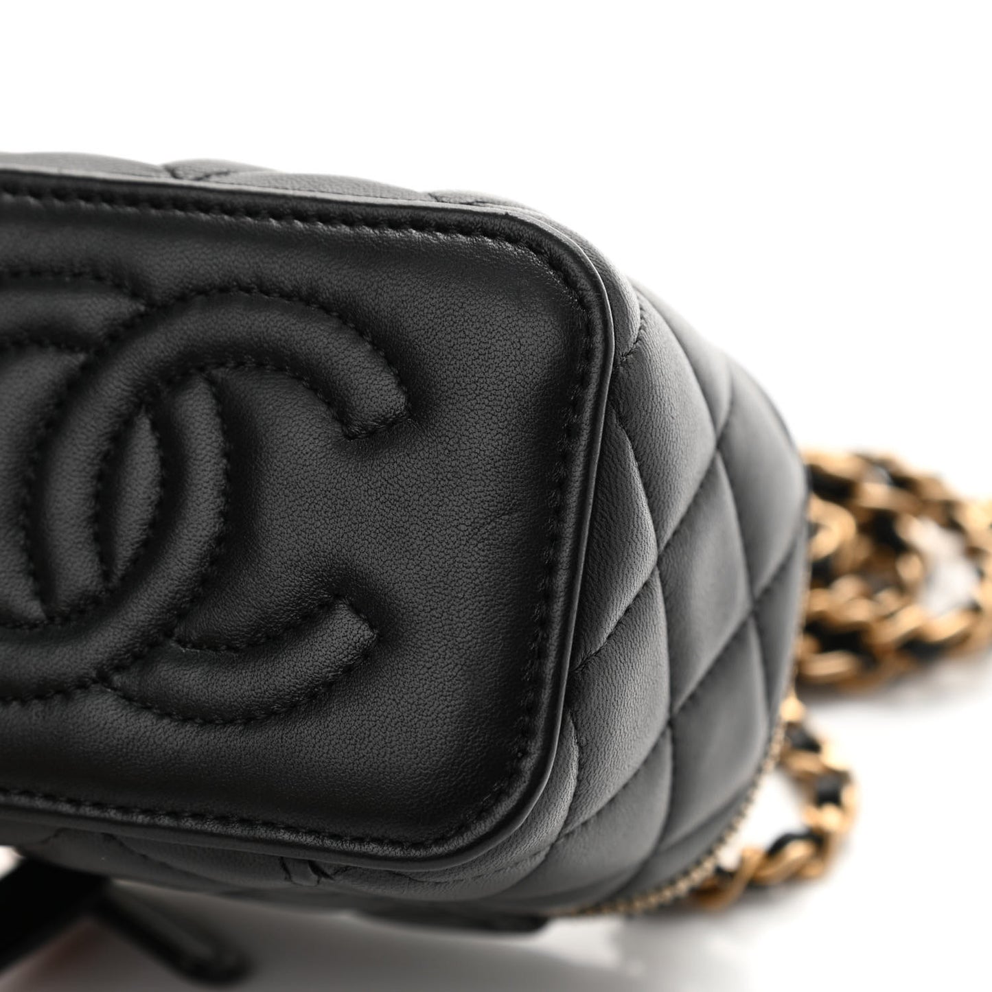 Lambskin Quilted Metal Mini Top Handle Vanity Case With Chain Black