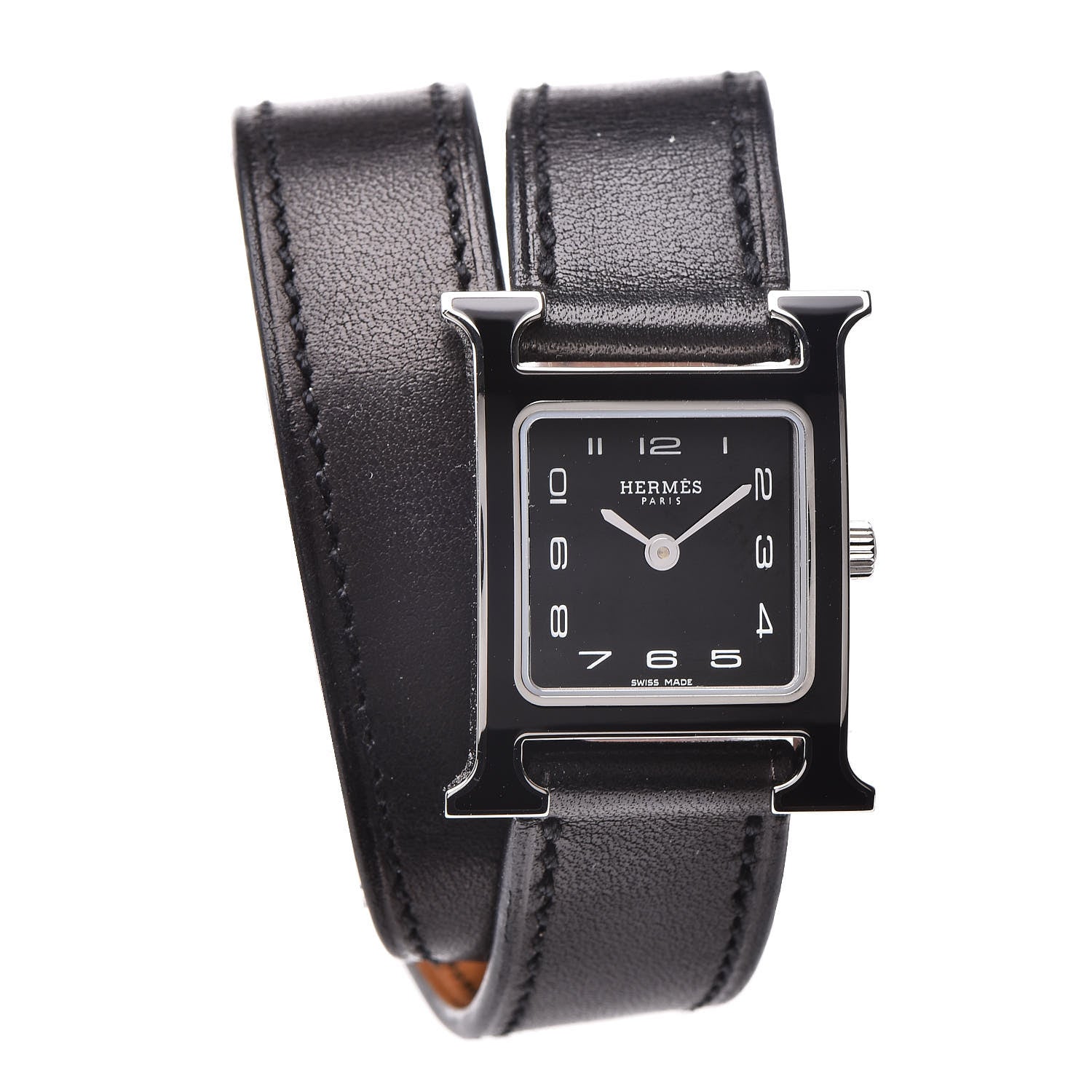 Hermes Stainless Steel Barenia Lacquer 21mm Heure H Hour Double Tour Quartz Watch Noir 1 of 8