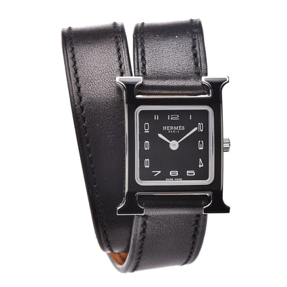 Hermes Stainless Steel Barenia Lacquer 21mm Heure H Hour Double Tour Quartz Watch Noir 1 of 8