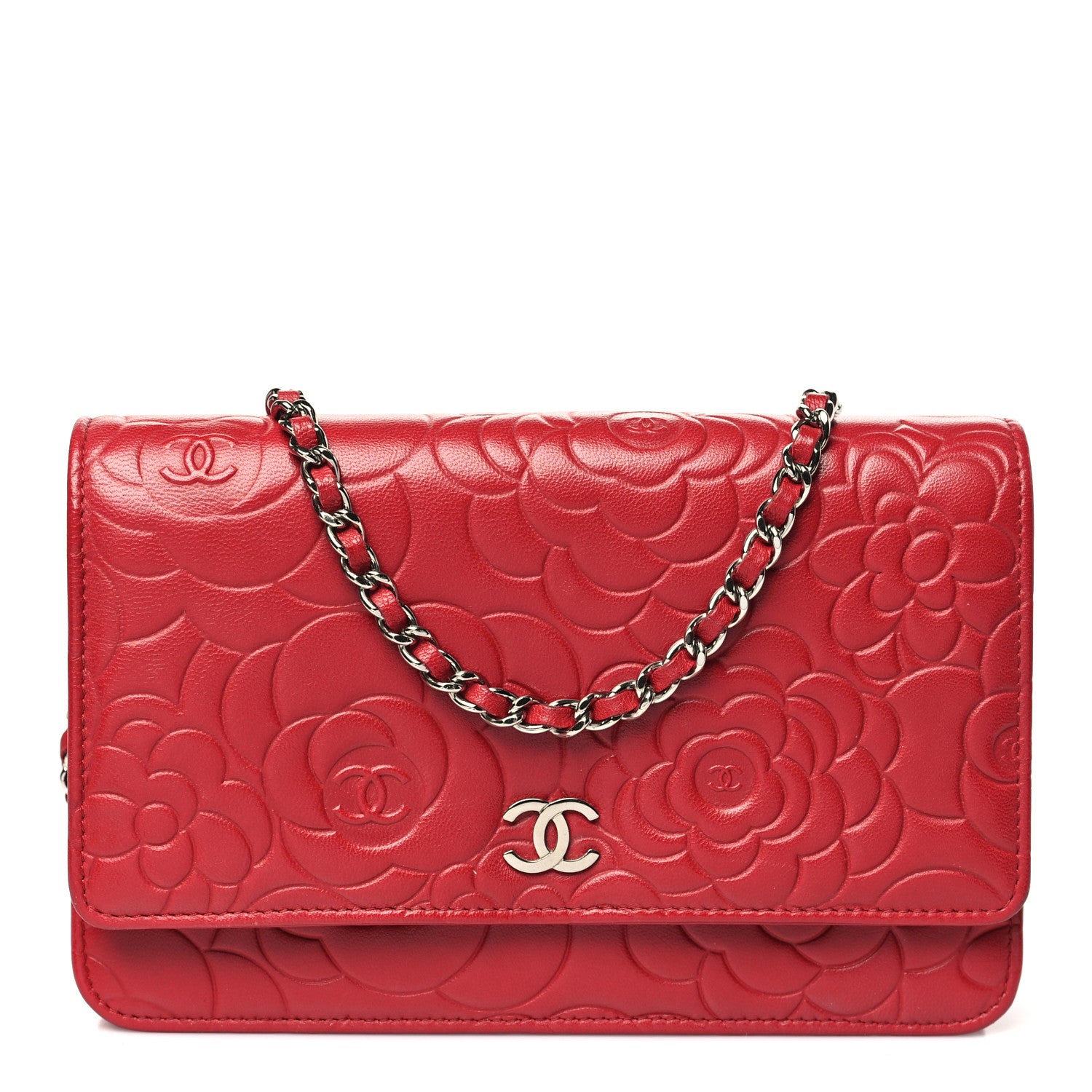 Chanel Lambskin Camellia Embossed Wallet on Chain WOC Red 1 of 11