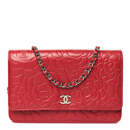 Chanel Lambskin Camellia Embossed Wallet on Chain WOC Red 1 of 11