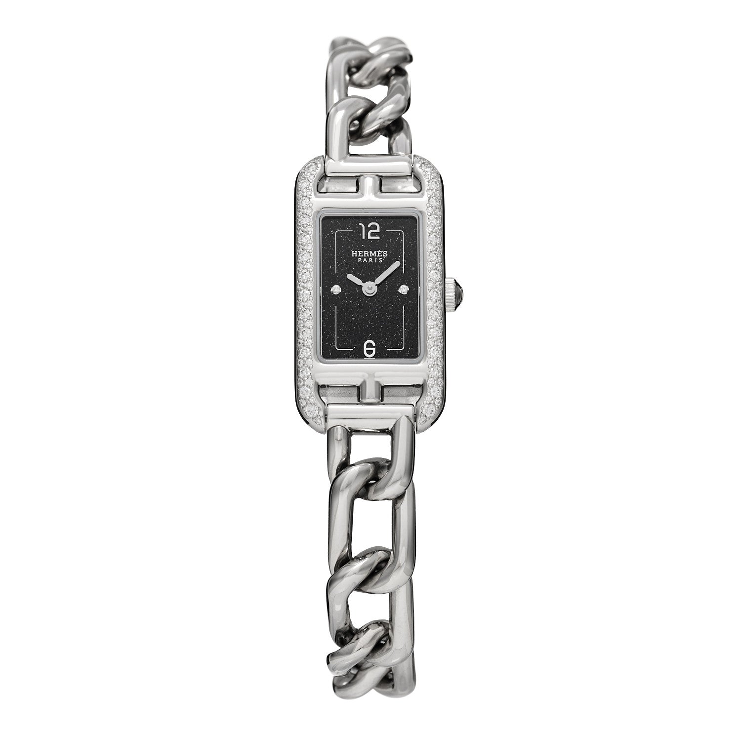 Hermes Stainless Steel Diamond Bezel 17mm Nantucket Quartz Watch Black 1 of 5