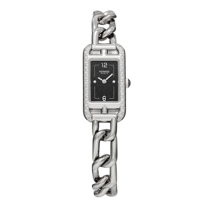 Hermes Stainless Steel Diamond Bezel 17mm Nantucket Quartz Watch Black 1 of 5
