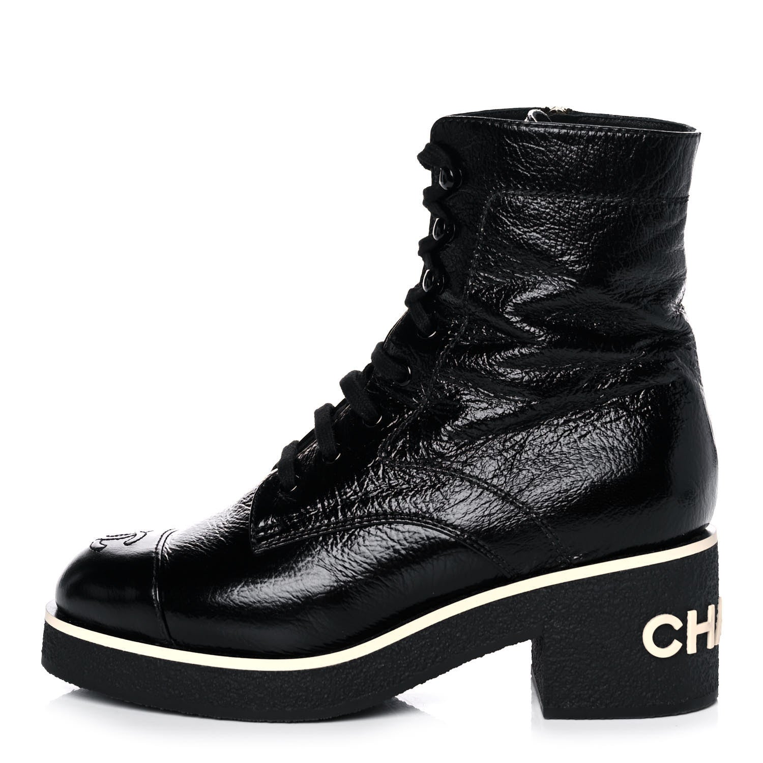Chanel Shiny Crumpled Lambskin Lace Up Combat Boots 38 Black 1 of 9