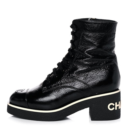 Chanel Shiny Crumpled Lambskin Lace Up Combat Boots 38 Black 1 of 9