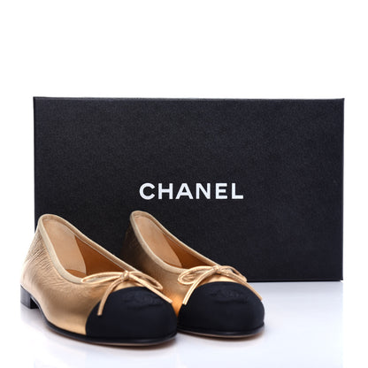 Chanel Metallic Calfskin Grosgrain Cap Toe CC Ballerina Flats 37.5 Gold 11 of 11