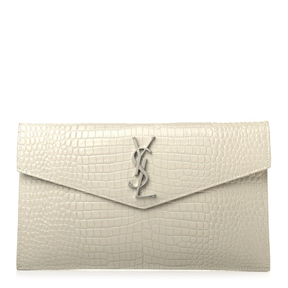Saint Laurent Calfskin Crocodile Embossed Uptown Monogram Pouch Crema Soft 1 of 6