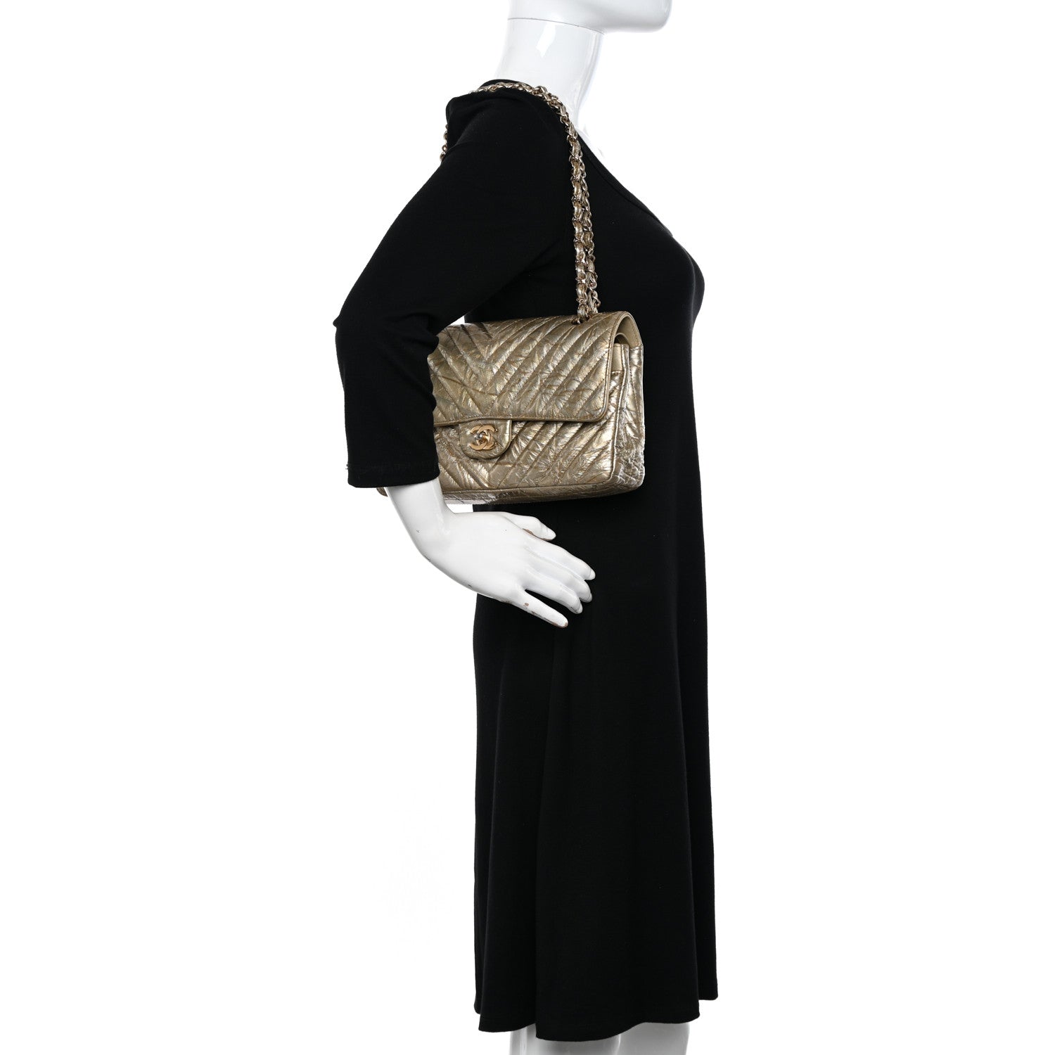 Chanel Metallic Patent Crumpled Calfskin Chevron Quilted Medium Double Flap Gold 2 of 18