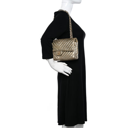 Chanel Metallic Patent Crumpled Calfskin Chevron Quilted Medium Double Flap Gold 2 of 18