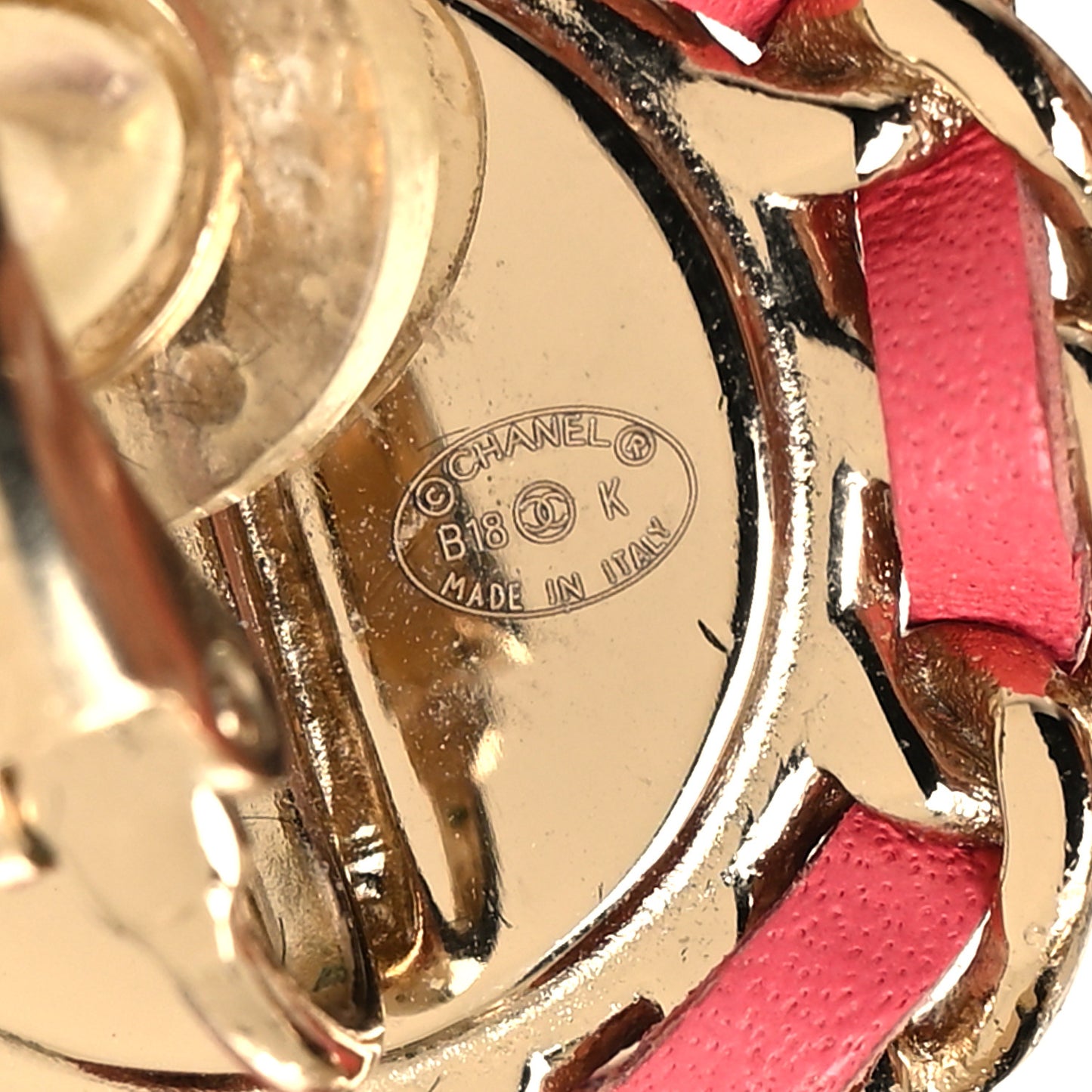 Crystal Lambskin Chain CC Hoop Clip On Earrings Pink Gold