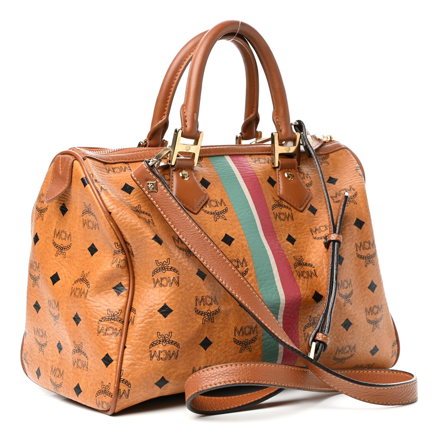MCM Visetos Striped Boston Satchel Cognac 3 of 8