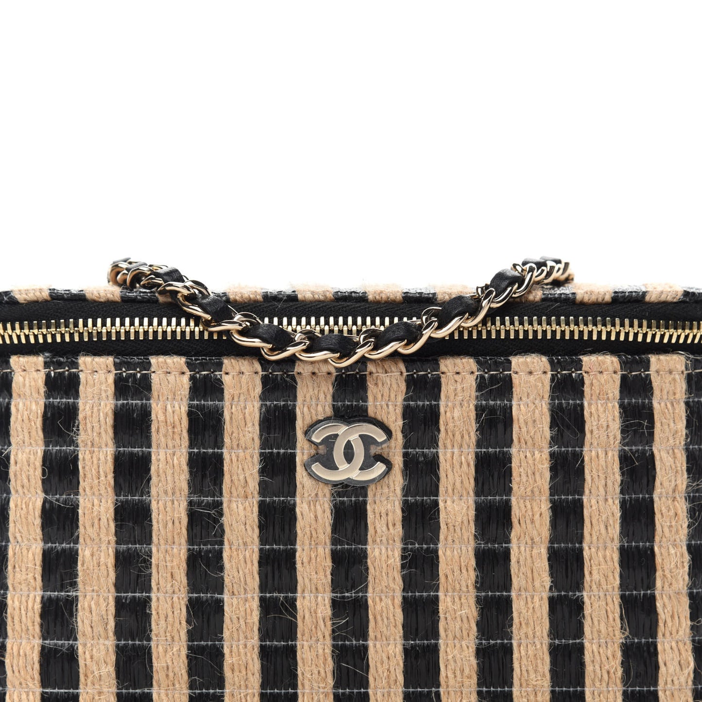Raffia Jute Striped Small Vanity Case With Chain Black Beige