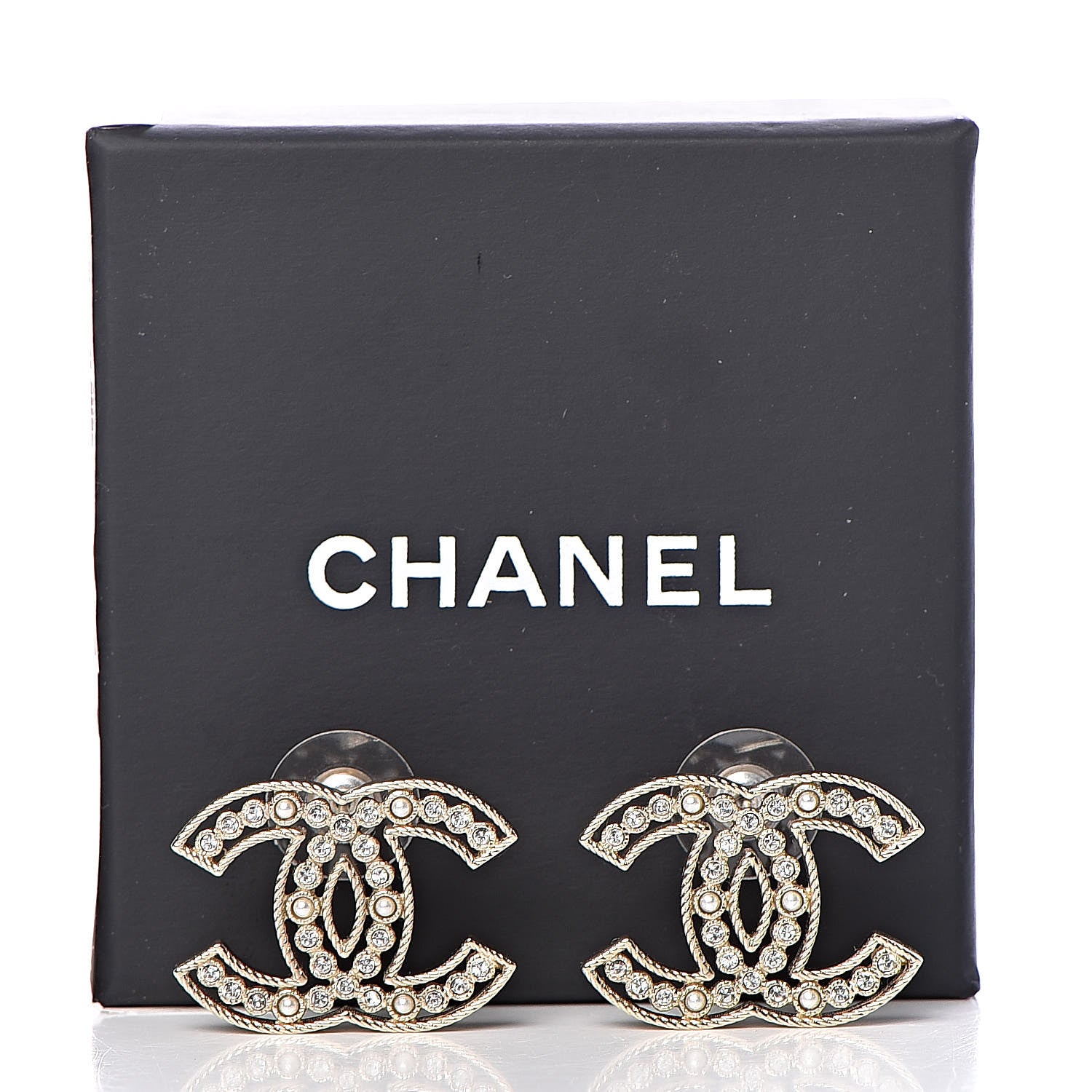 Chanel Pearl Crystal Sparkling Pearls CC Earrings Light Gold 5 of 5