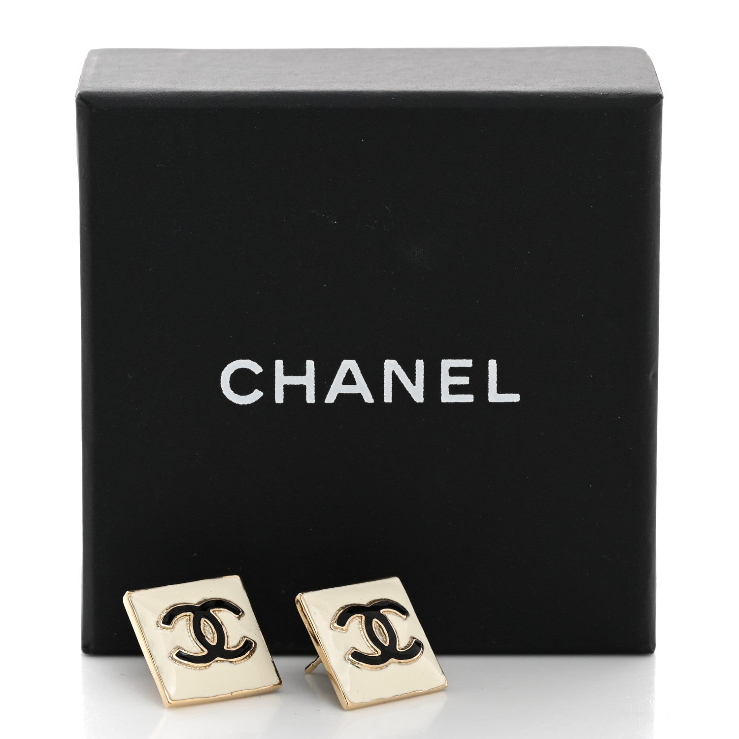 Chanel Metal Enamel CC Square Earrings Gold White Black 5 of 5