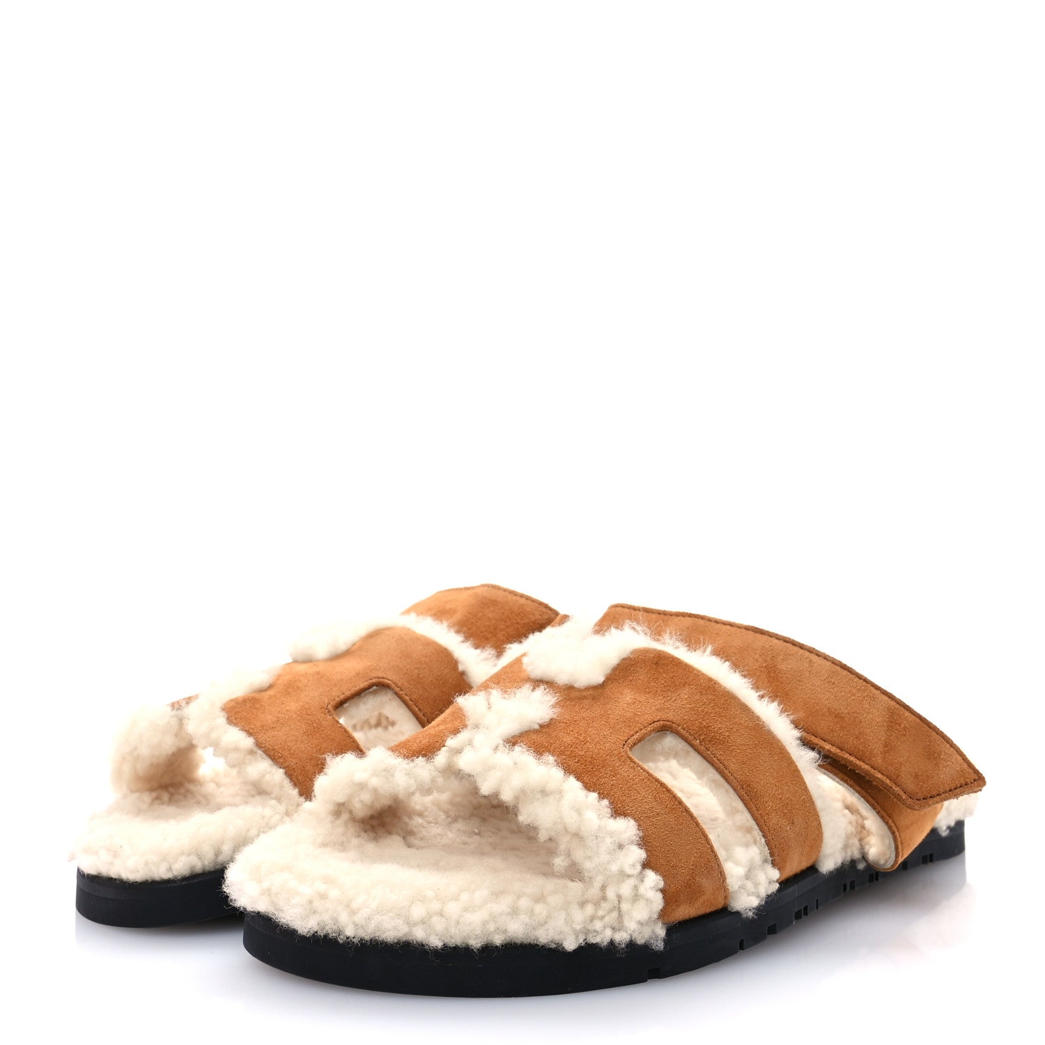 Hermes Suede Goatskin Woolskin Womens Chypre Sandals 39 Brun Fume Ecru 3 of 9