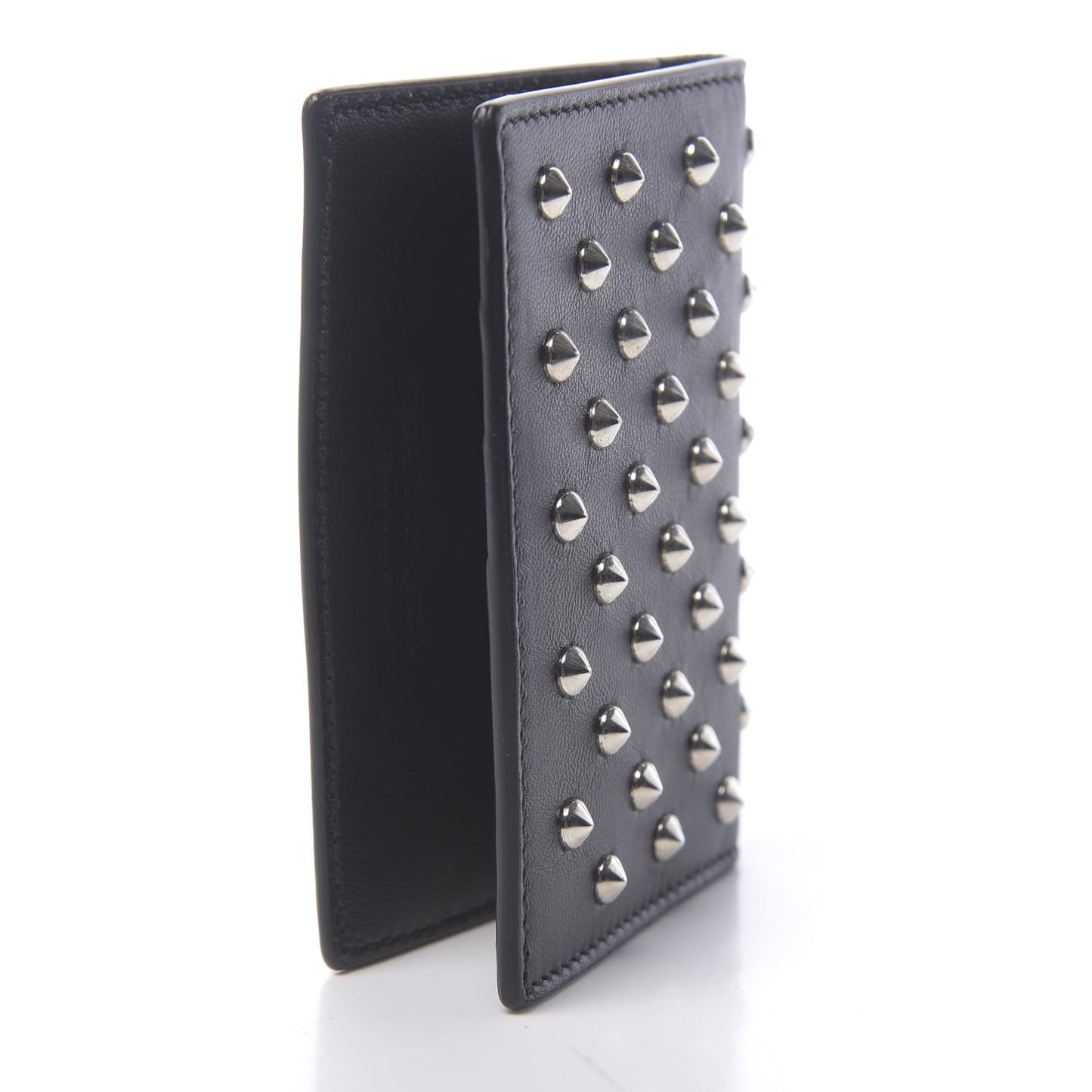 Calfskin Studded Skull Card Holder Black