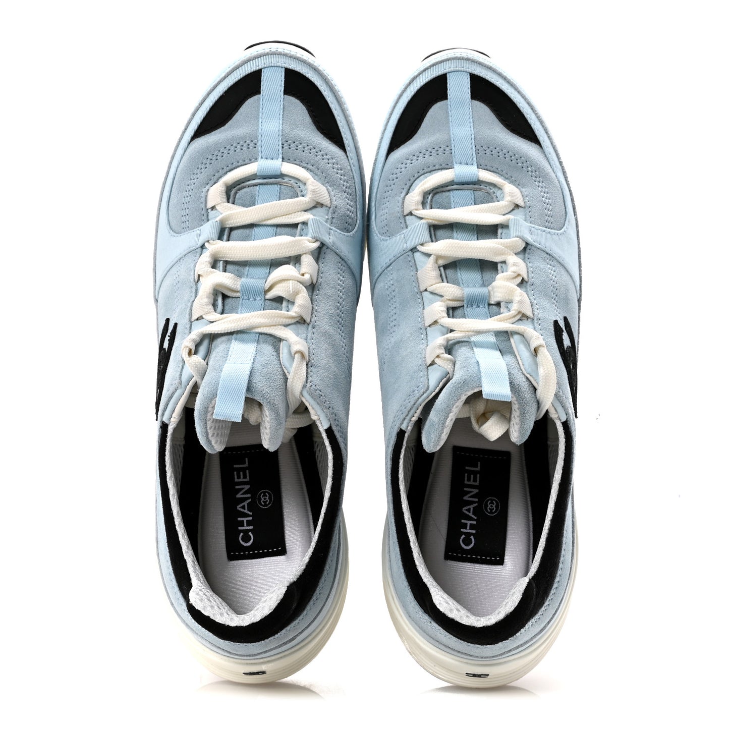 Suede Calfskin Grosgrain Womens CC Sneakers 40 Light Blue Black