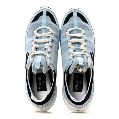 Chanel Suede Calfskin Grosgrain Womens CC Sneakers 40 Light Blue Black 2 of 11