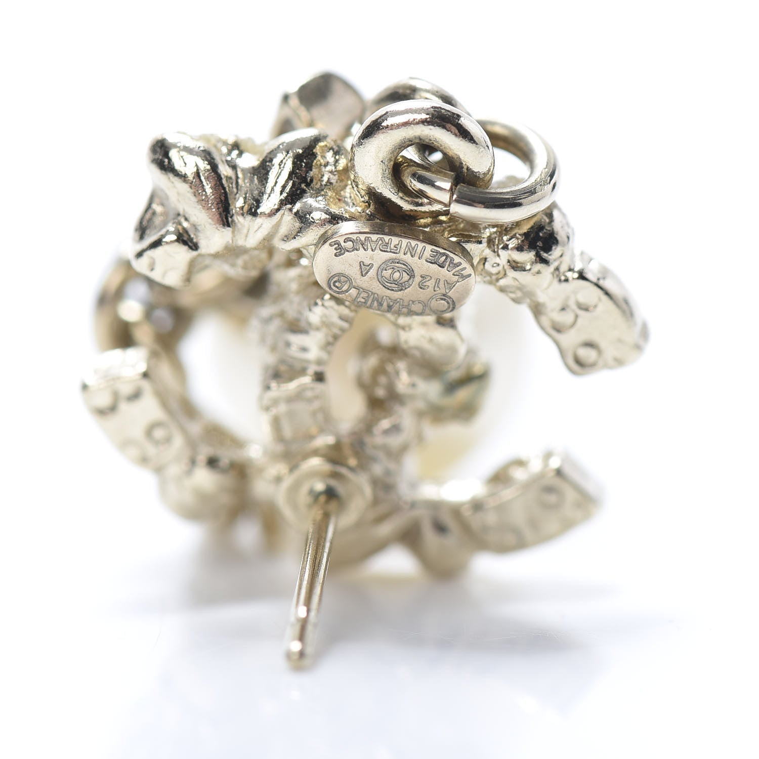 Chanel Pearl Crystal CC Flower Drop Earrings Gold White Nacre 4 of 5