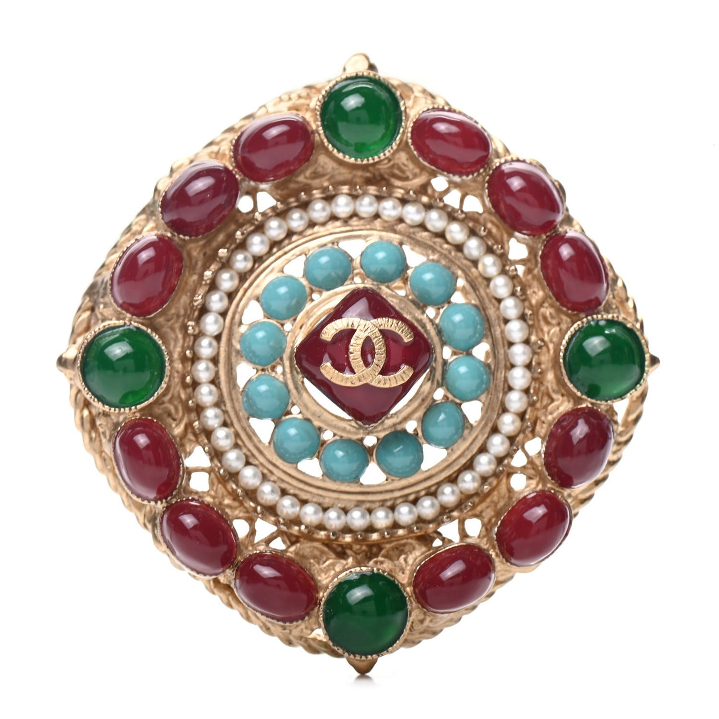 Enamel Pearl Gripoix Poured Glass Brooch Gold
