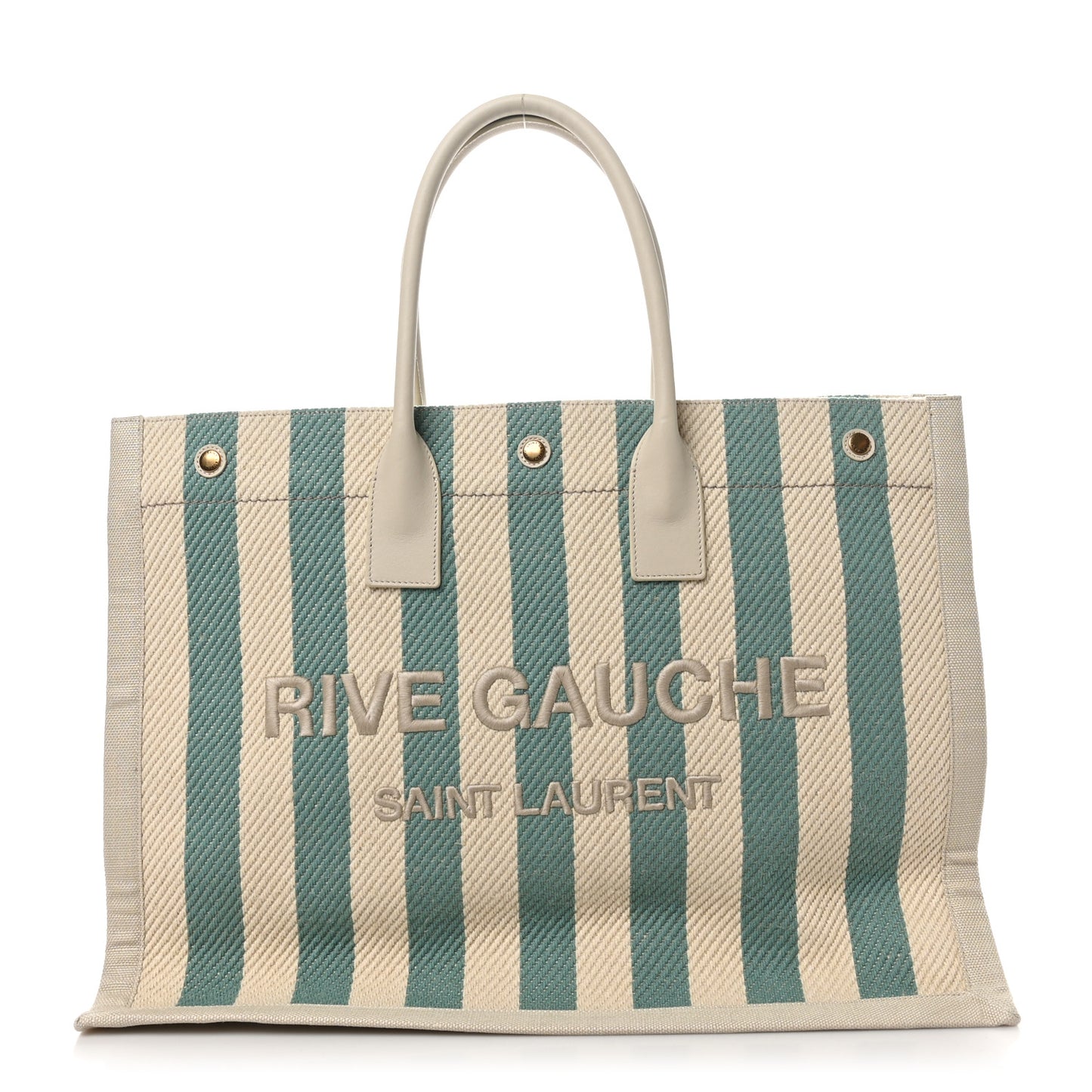 Cotton Linen Calfskin Striped Rive Gauche Tote Water Green
